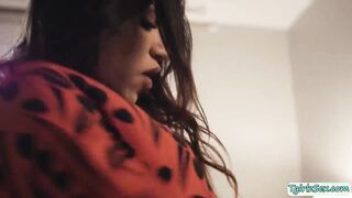 Brunette busty shemale Jessy Dubai swallows stepbros cock