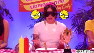 Three horny big booty teen lesbians ate big hot dog and sucked huge dildo