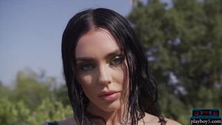 Big boobs MILF beauty  gets naked in a pool for Playboy